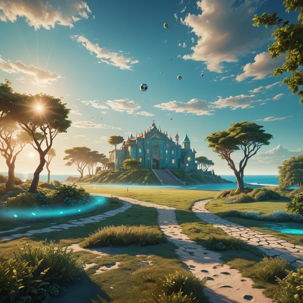 Fantasy Soccer Field at Sunrise: Matte Painting