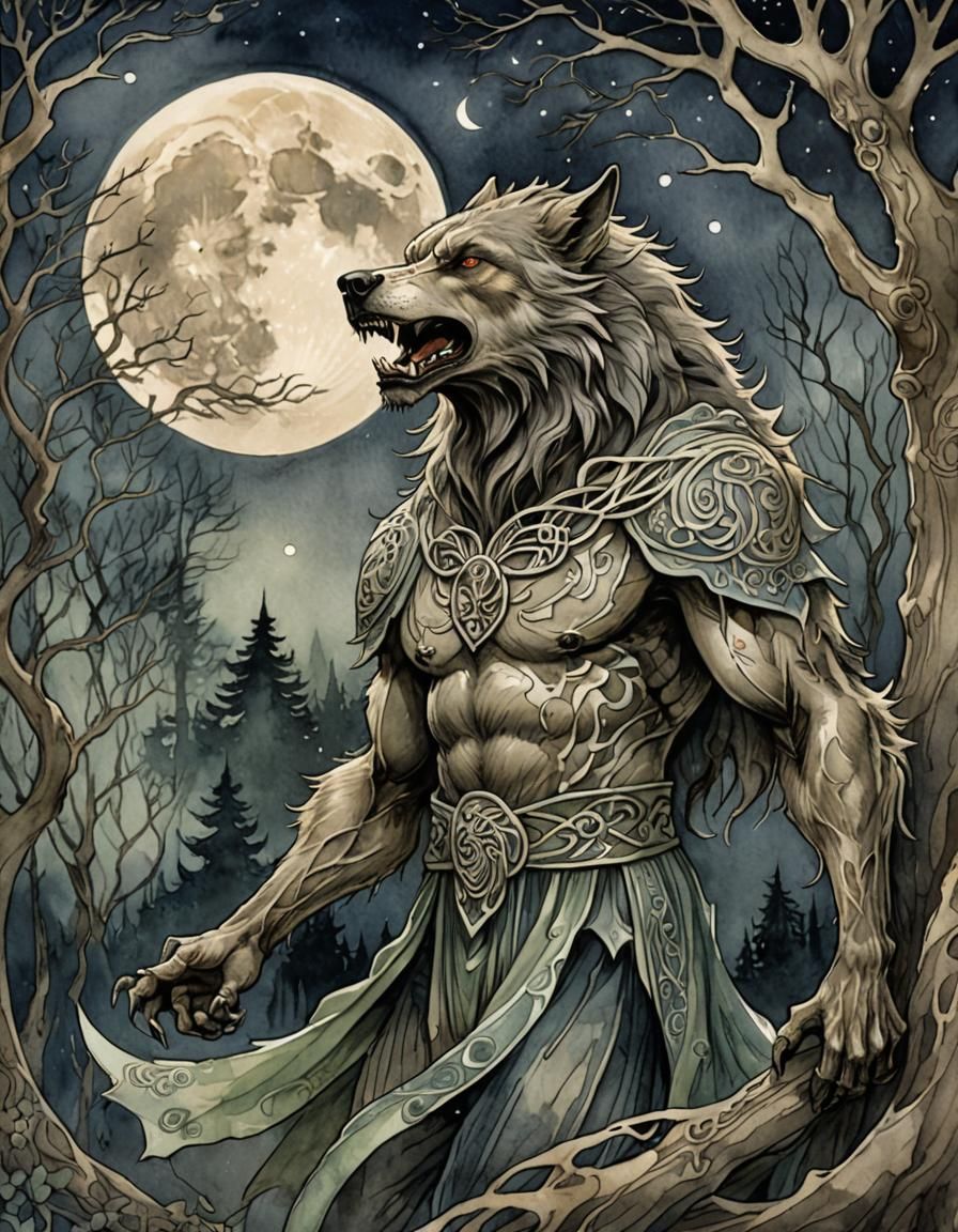 full figure, A werewolf, torn sheet howling at the full moon, soft loose water colour, faded woodland ...  by @Gina Morley