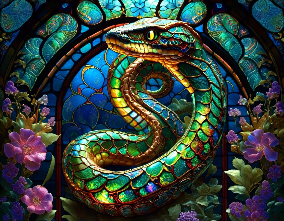 Refined Stained Glass Art :: exquisite shiny bioluminescent phosphorescent florescent iridescent translucent Serpent in the Garden_of_Eden :...