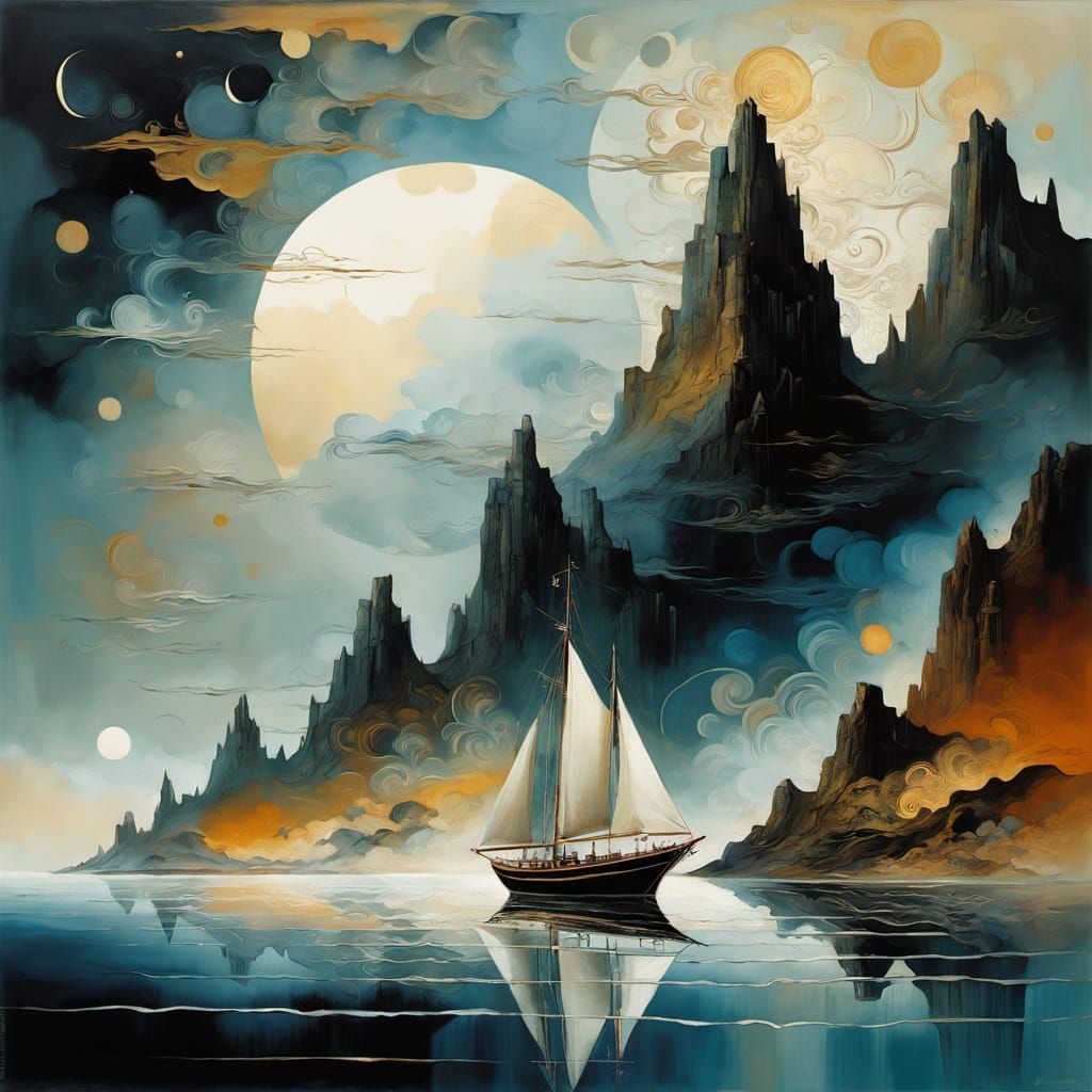 Dreamlike Sailing Boat in a Surrealistic Landscape