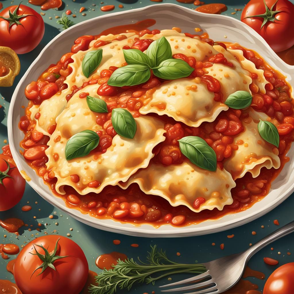 ravioli pasta smothered with fresh herbs, loads of tomato pasta sauce and ...  by @Hippie Child