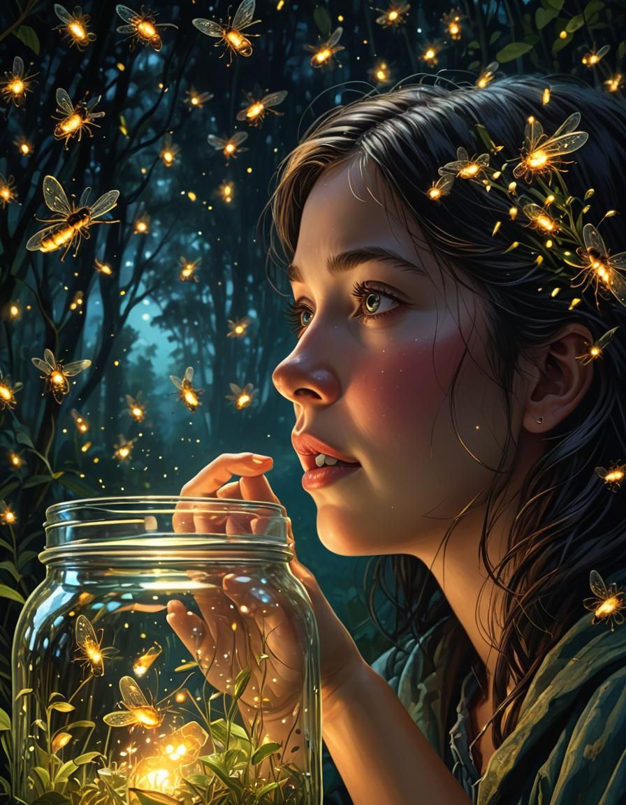 She gazes in wonder at the fireflies her son has captured in an old jam jar, her nose is touching the ...  by @Gwenni