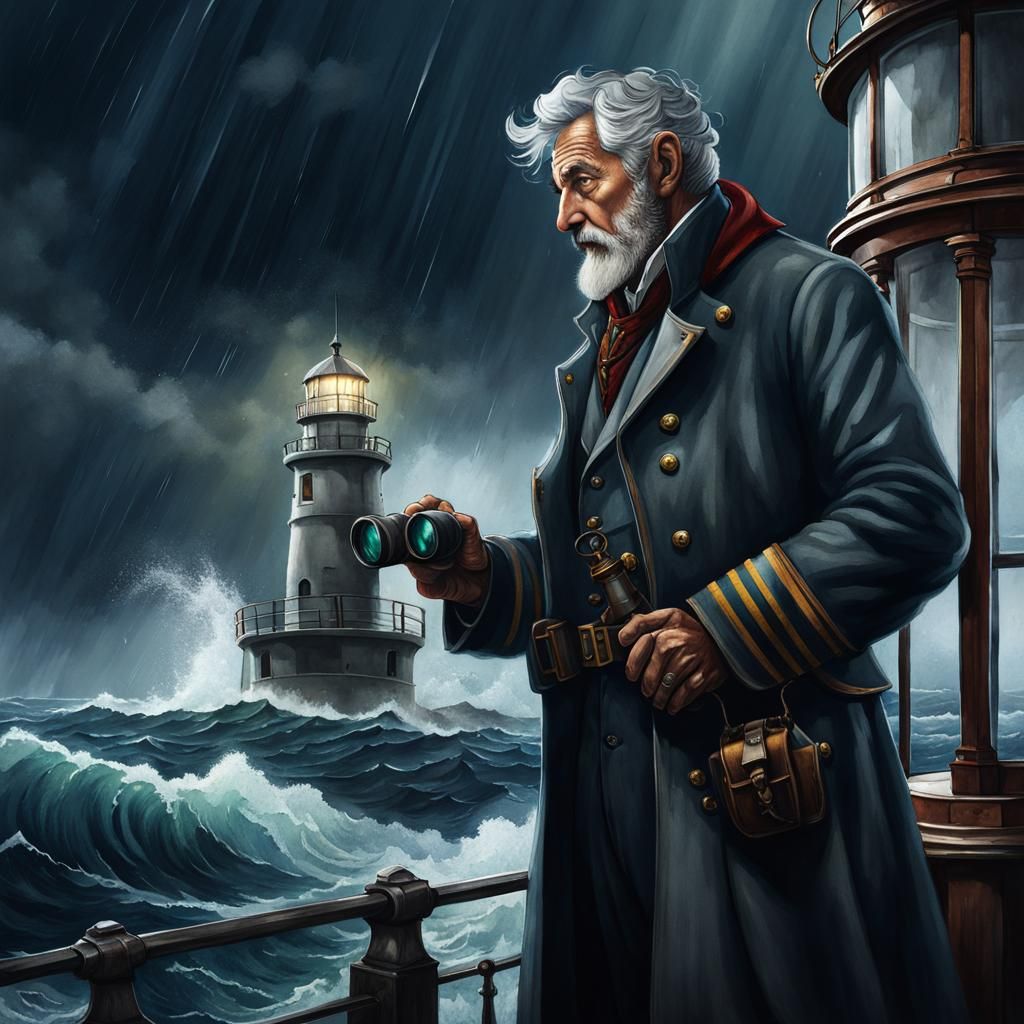 Dark and moody, (An old gray haired lighthouse keeper with b...
