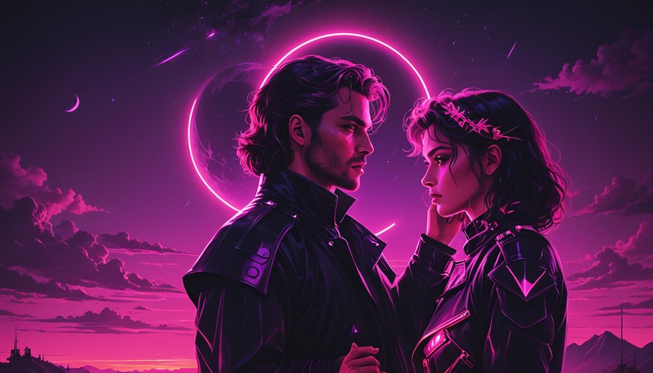 Romantic dark fantasy, synthwave neon retro