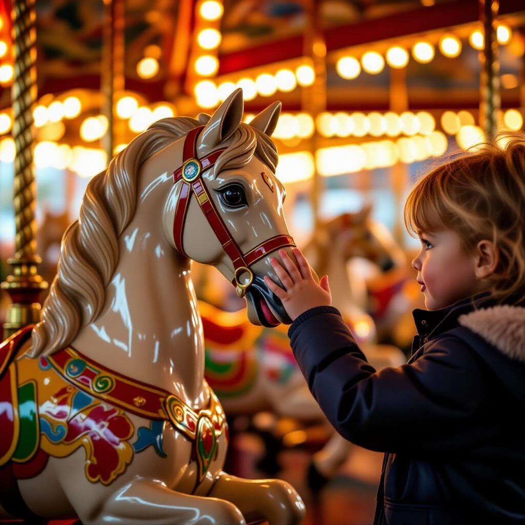 A photorealistic image of a child's hand gently stroking the mane of a beautifully carved carousel horse. ...  by @Claudia Cecilia 