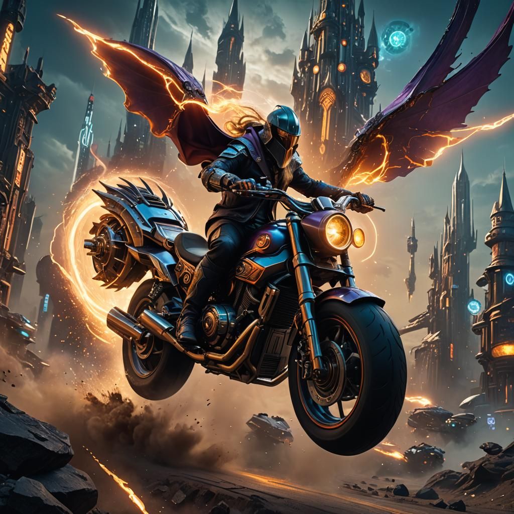 A wizard riding a futuristic motorcycle.