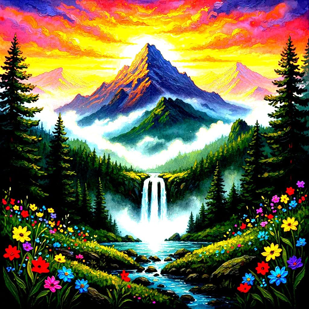 Lush Forest Waterfall at Sunset in Gouache Style
