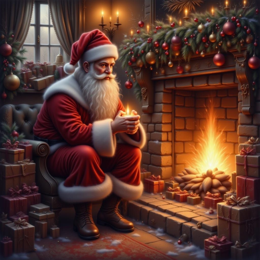 <lora:Christmas Glow 1-02:1.0> Santa Claus delivering presents by fireplace, glowing embers illuminating scene