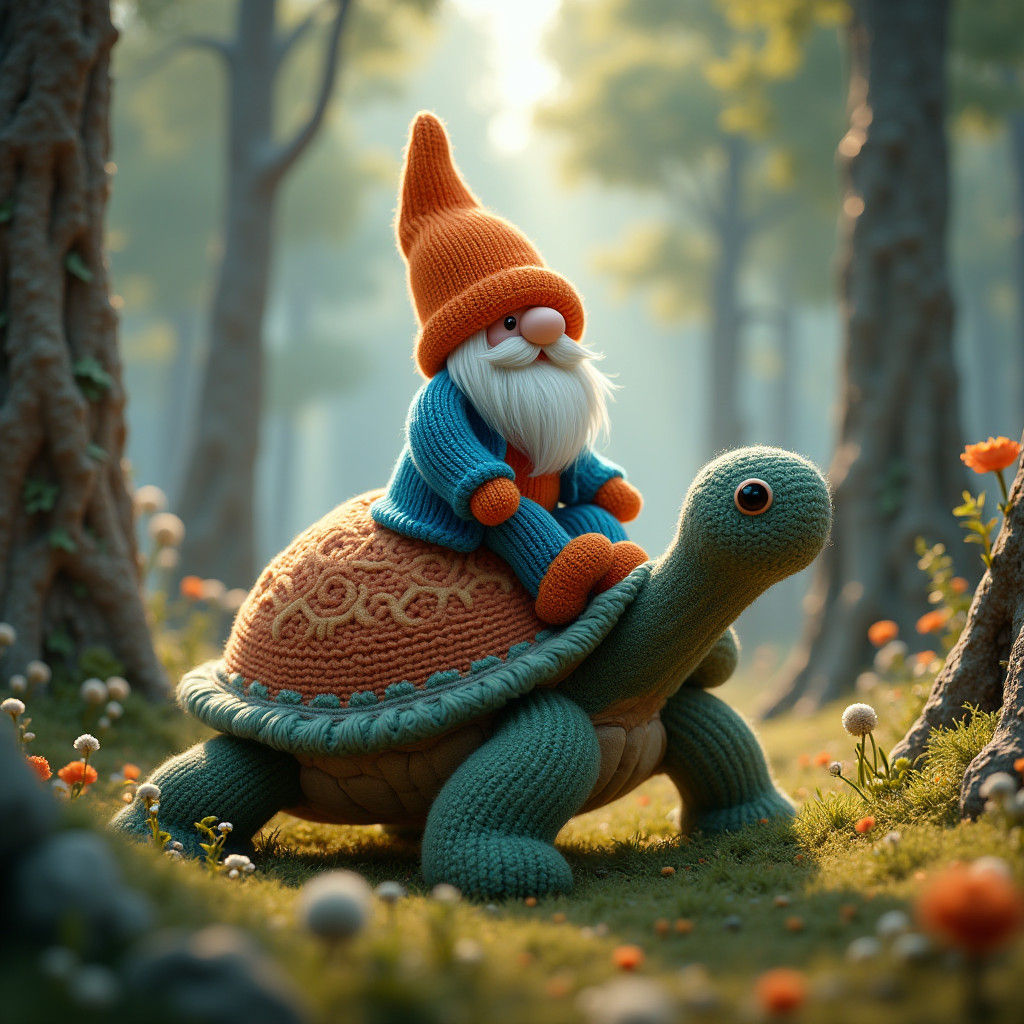 a knitted gnome, riding on the back of a knitted turtle, thr...
