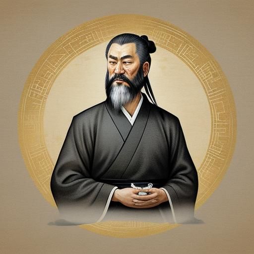 Confucius at Ancient Temple in Oriental Brush Painting