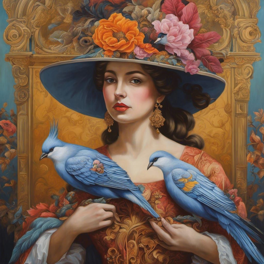 a young lady wearing a hat and holding young birds, in the s...