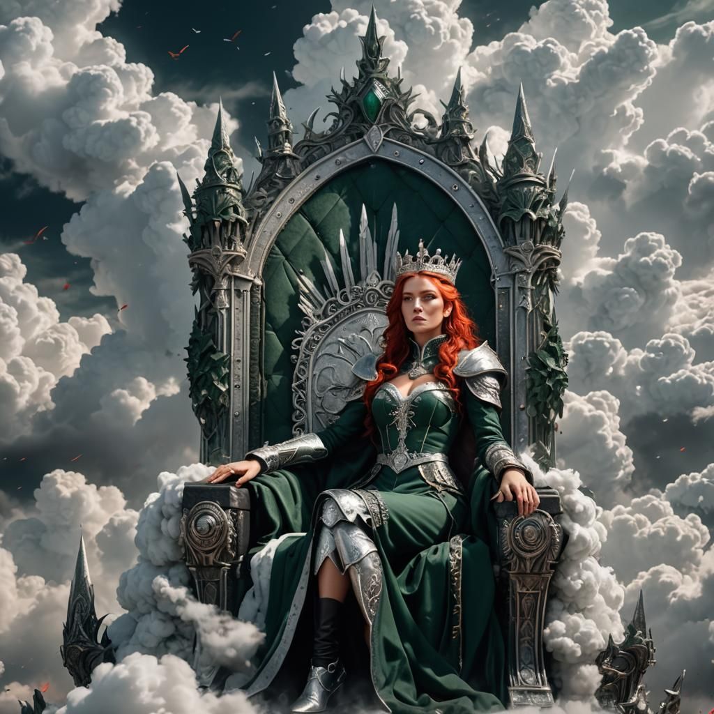 Woman on Silver Throne in Clouds, Detailed Matte Painting