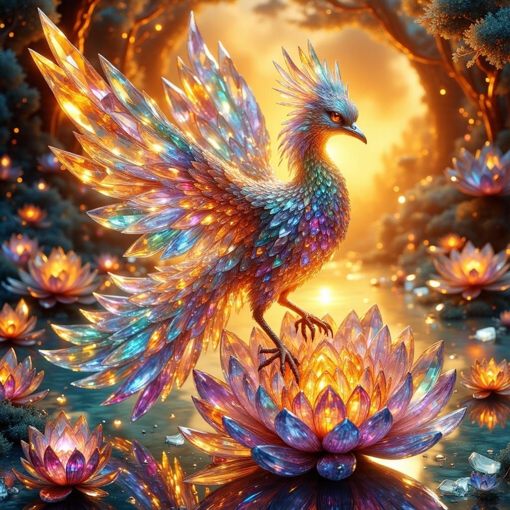 A crystal phoenix perched atop a lotus flower, its feathers refracting light into a dazzling  colors ~ DC #965: Jun 3, 2025  by @Lavender Days