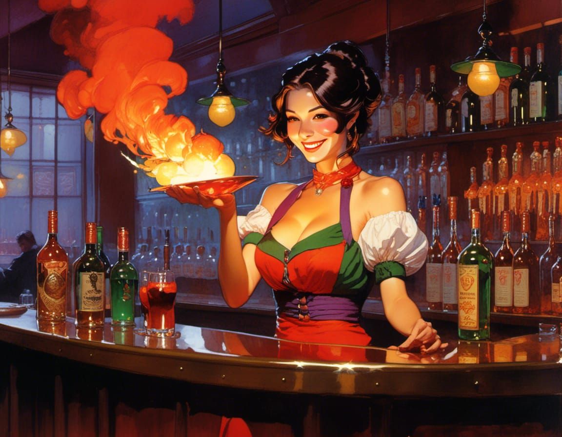smiling brunette barmaid dancing with fire <lora:Elven Lacquer:1.0>