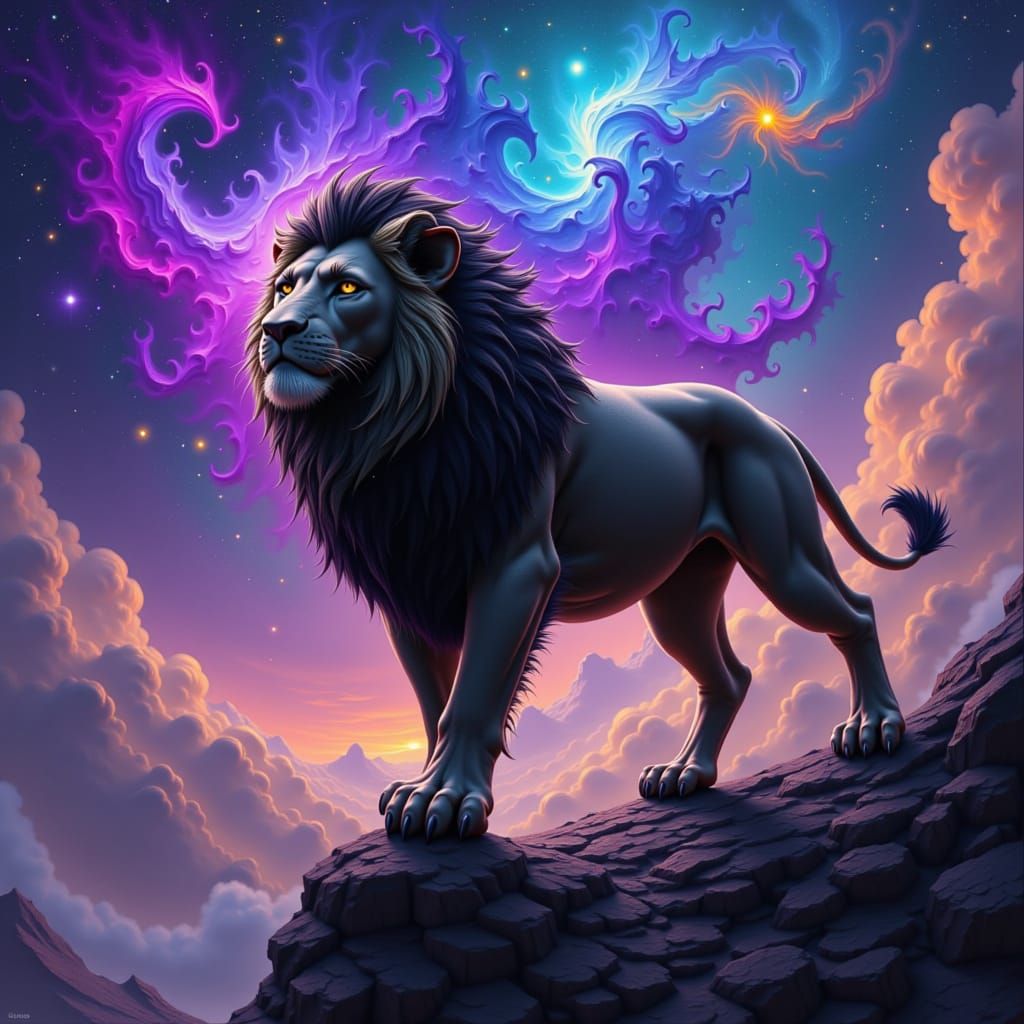 A majestic lion with a mane of stars stands proudly on a rocky outcrop overlooking a nebula. Digital painting. The scene is bathed in vibran...