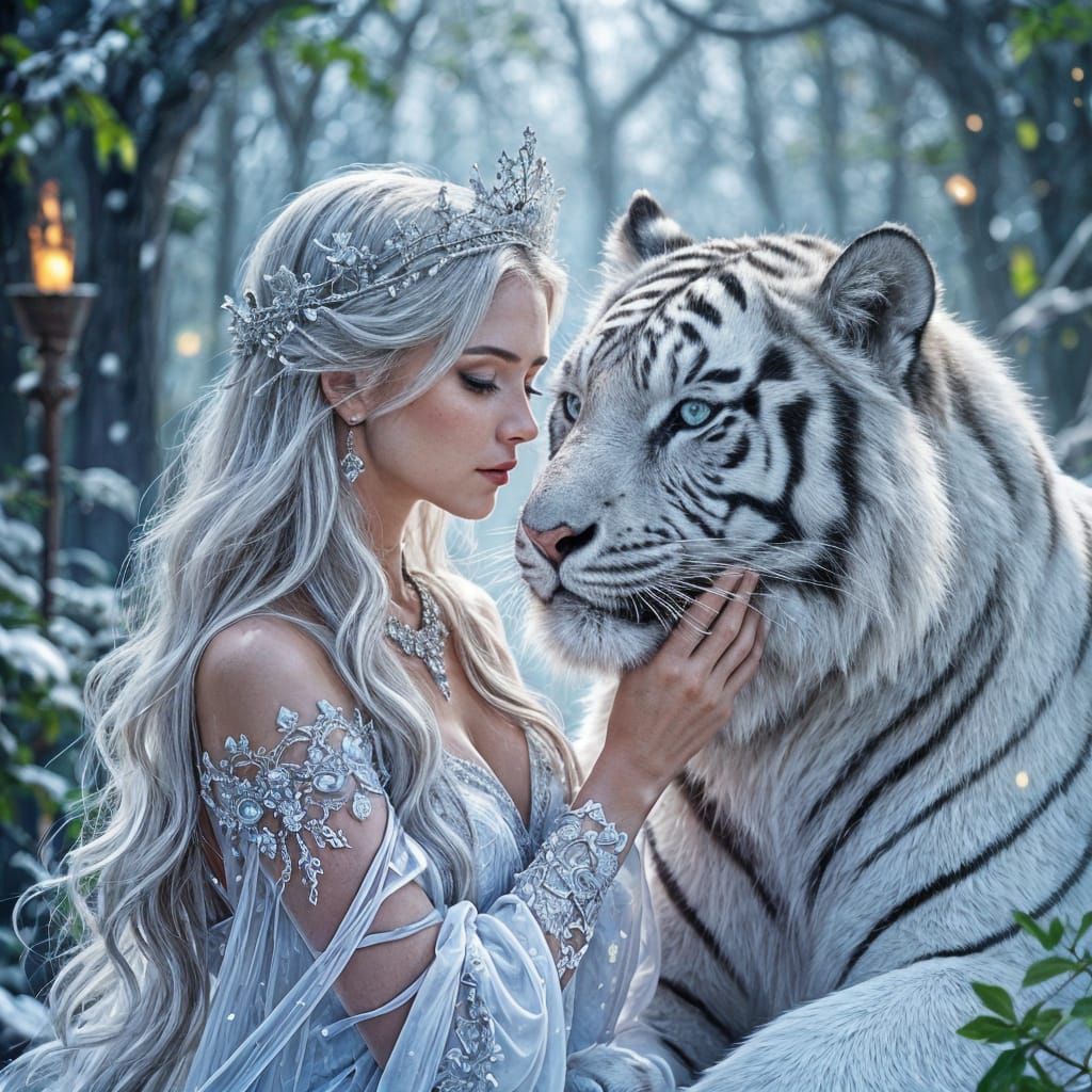 A semi-realistic fantasy painting of a regal woman with long silver-white hair standing close to a majestic ...  by @Tiger princess 