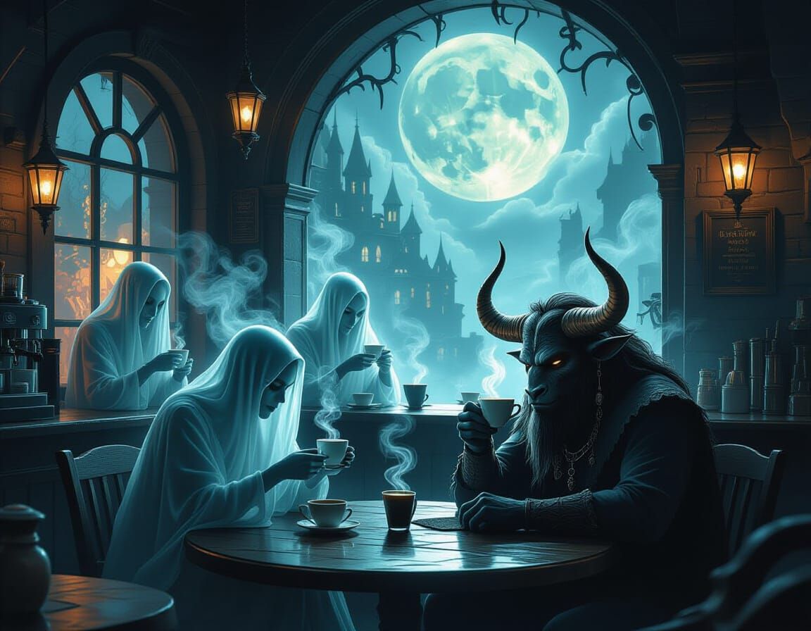 A spooky moonlit coffeehouse with glowing windows and ghostly baristas
There is a minotaur client drinking ...  by @KinginYellow2
