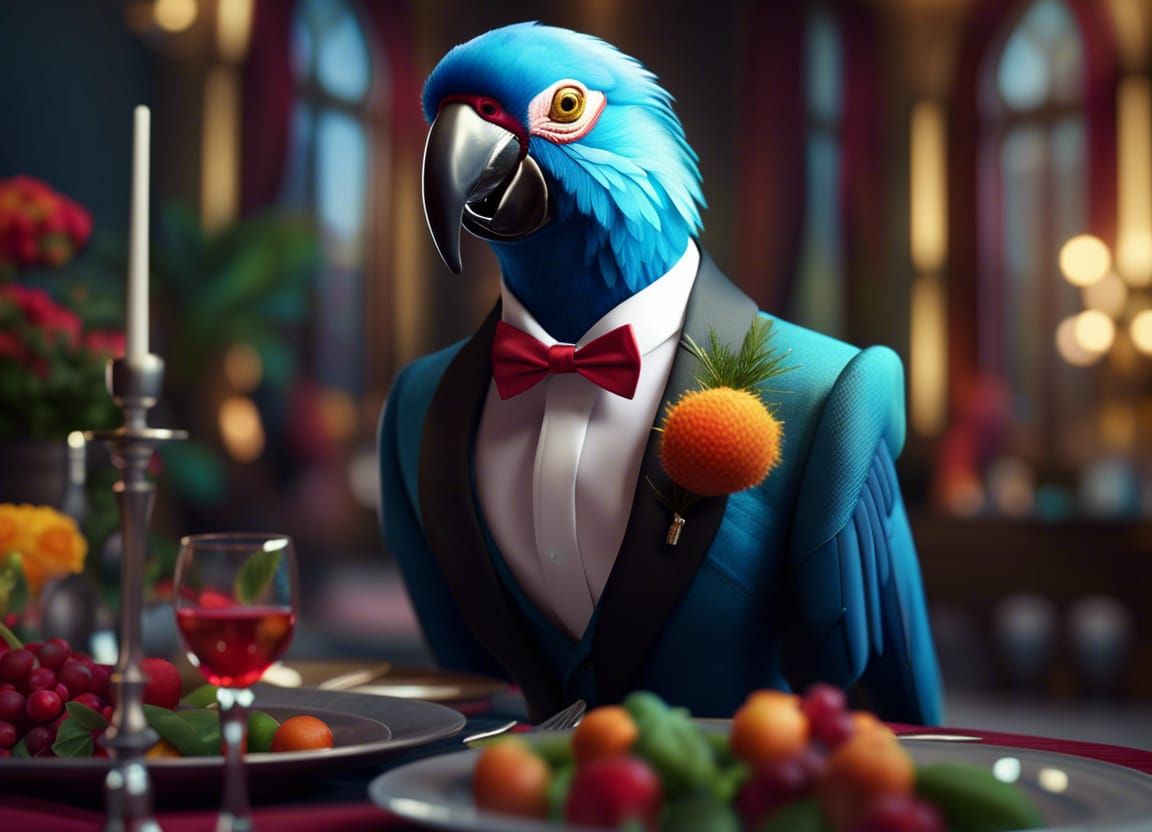 A colorful parrot, wearing a tuxedo, at a fancy dinner party...