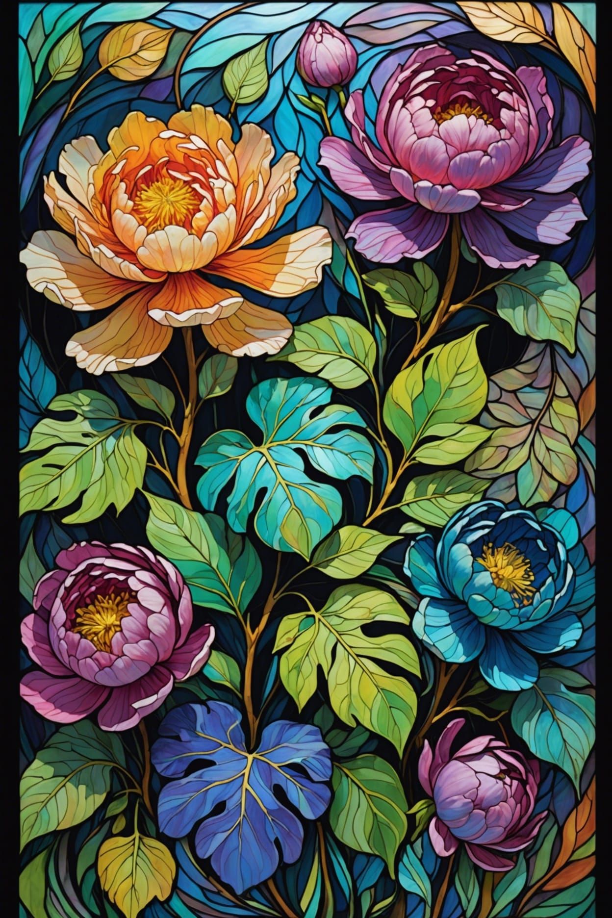 Intricate and elaborate artwork of magical flowing liquid of beautiful leaves, rainbow gradients, iridescent ...  by @Sagorika11adhikari