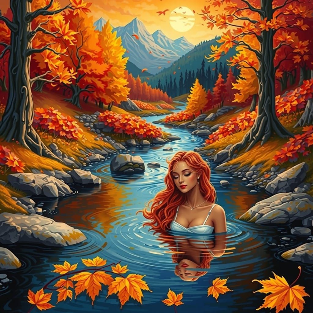 hyperdetailed photorealistic quilling collage art autumn woods, winding stream, golden hour, collage art, quilling paper art, 16k resolutio...