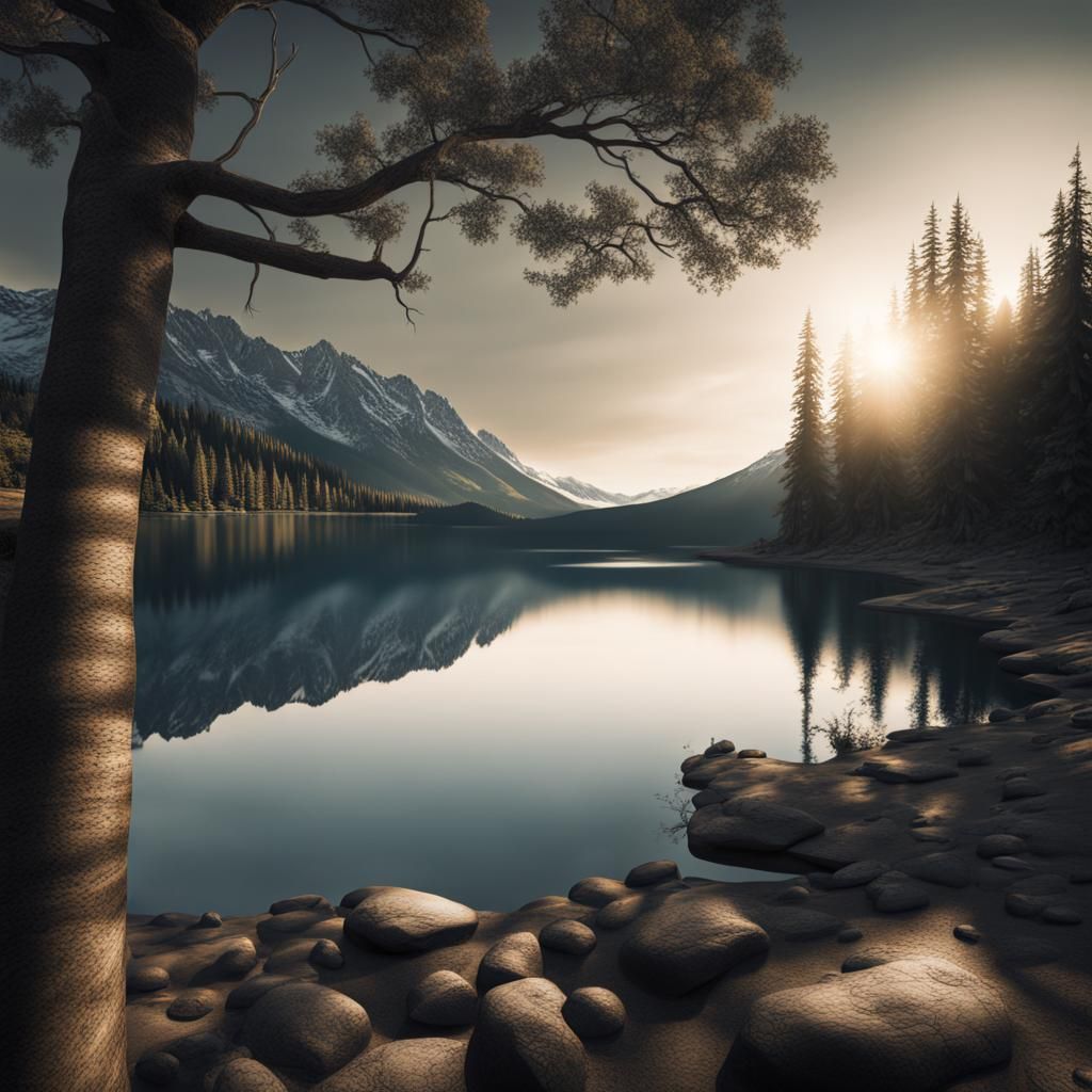 A mountain lake ringed with trees, highly detailed, dynamic ...