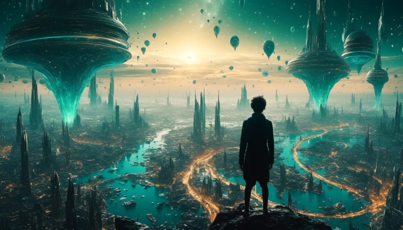 <lora:eye:1.0> A surreal alien city with teeming life on the ground and in the air