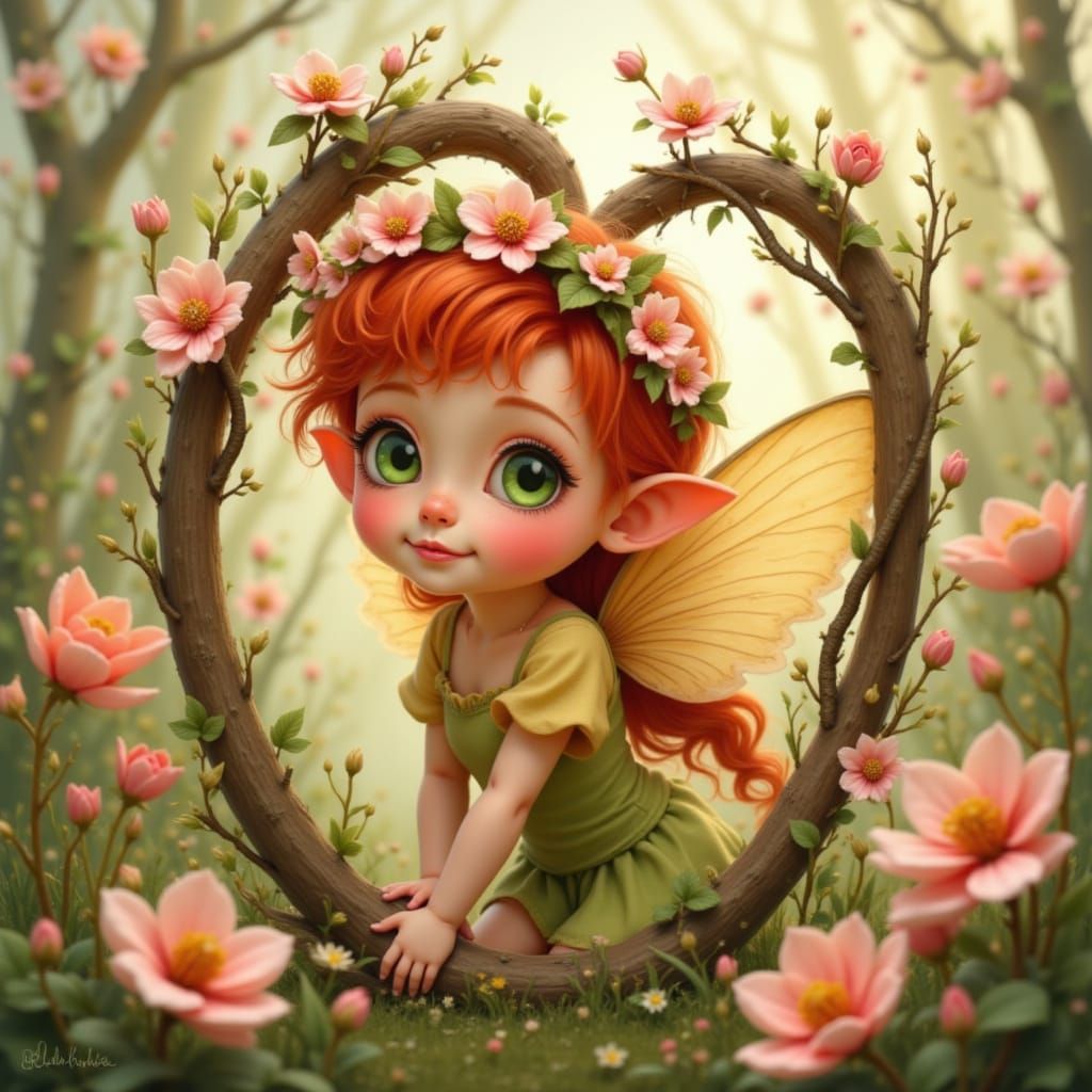 Cute Fairy Leaning on Floral Arch in Disney Pixar Style