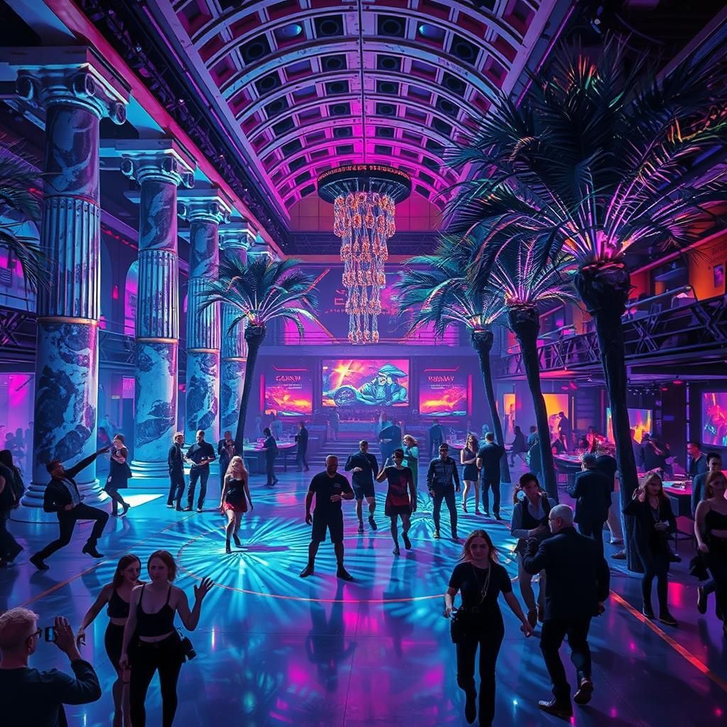 A crowded, vast, cyberpunk with a high, vaulted ceiling, set