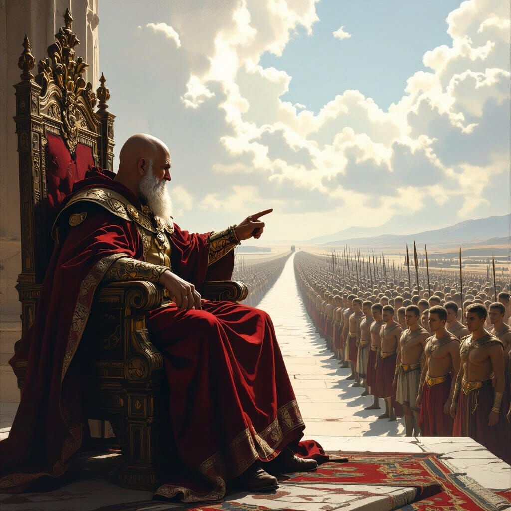 an old  bald man sitting on a high throne facing an endless line of young handsome men and pointing at them 