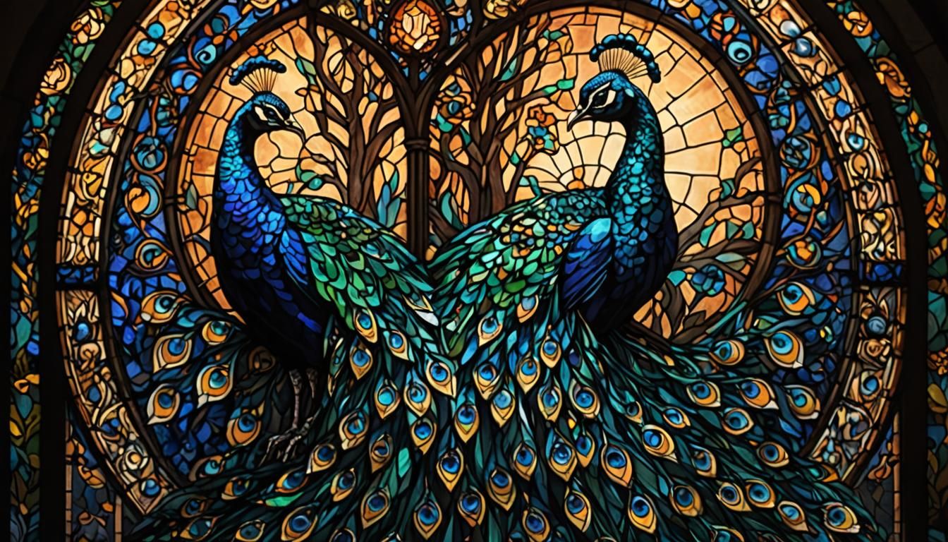 Stained glass peacock at night