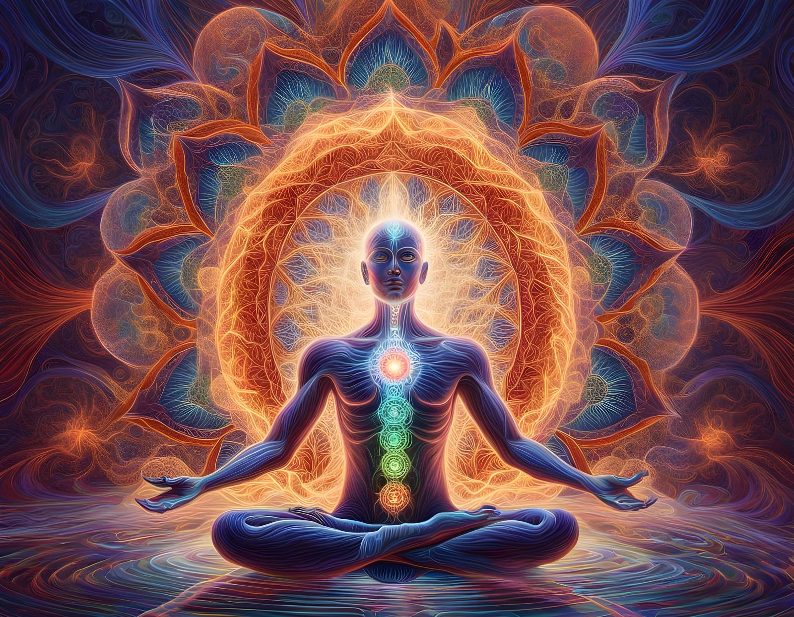 Transcendent Human Body with Chakras in Psychedelic Style