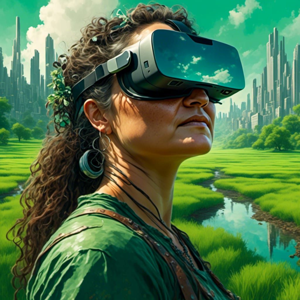 <lora:IndigenousWoman:1.0> A close-up of a woman wearing a virtual reality headset, standing in a lush green field, her reflection showing...