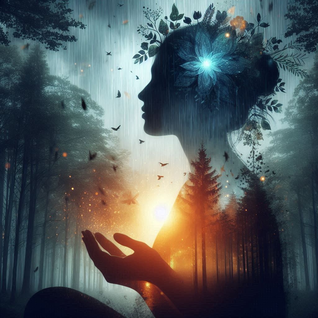 double exposure beautiful fantasy DALL-E 3 portrait landscape..