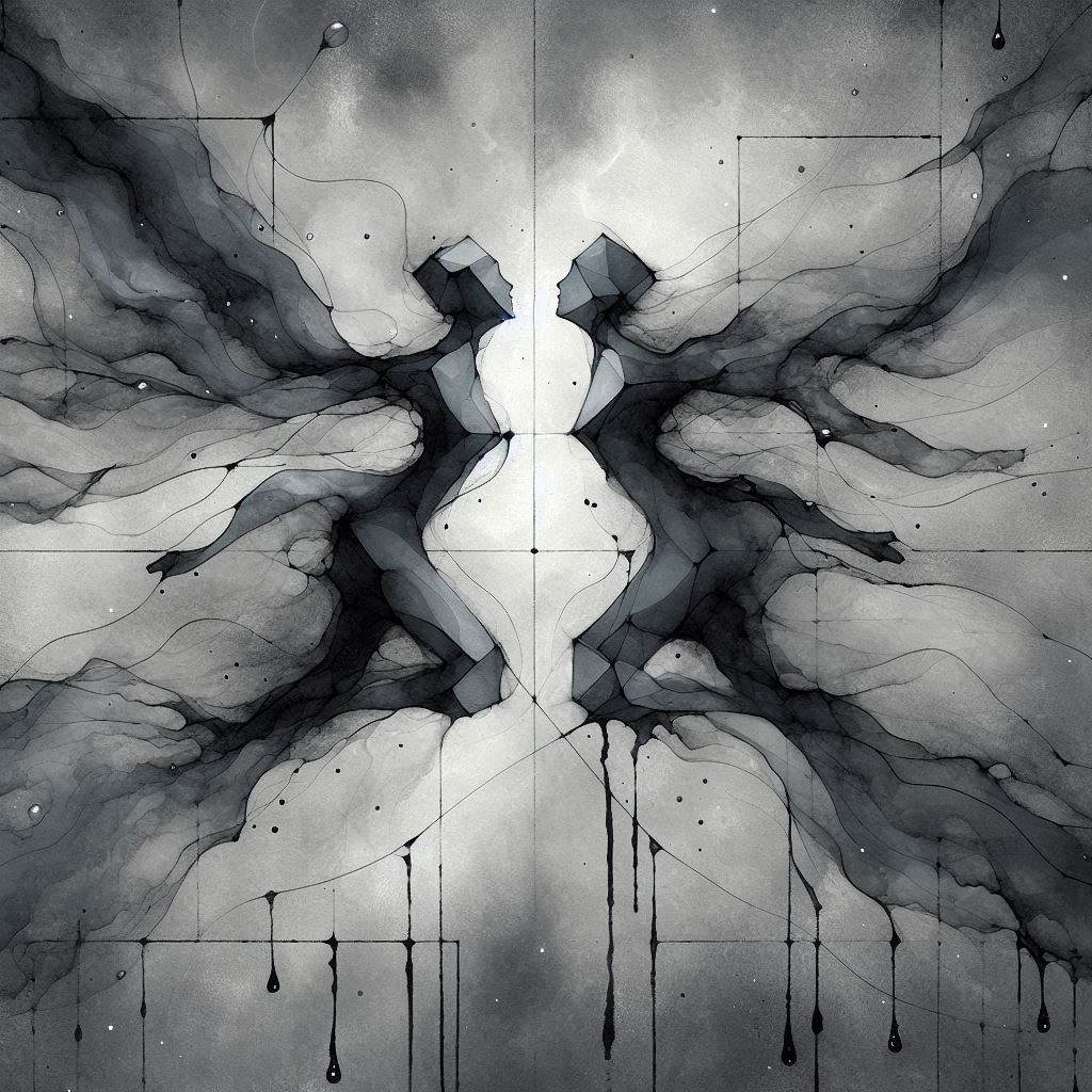 "בחלל מופשט של גווני אפור משתנים, מתנוססים שני ענני עשן מתפתלים במיומנות. העשן מתגבש, רגע לפני שהוא מתפזר, לצורות אנושיו...