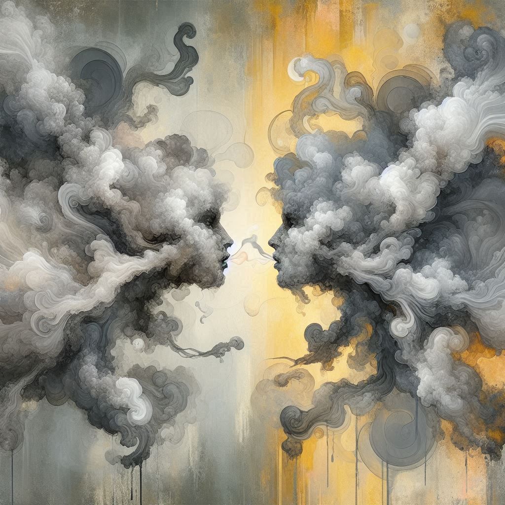 "בחלל מופשט של גווני אפור משתנים, מתנוססים שני ענני עשן מתפתלים במיומנות. העשן מתגבש, רגע לפני שהוא מתפזר, לצורות אנושיו...