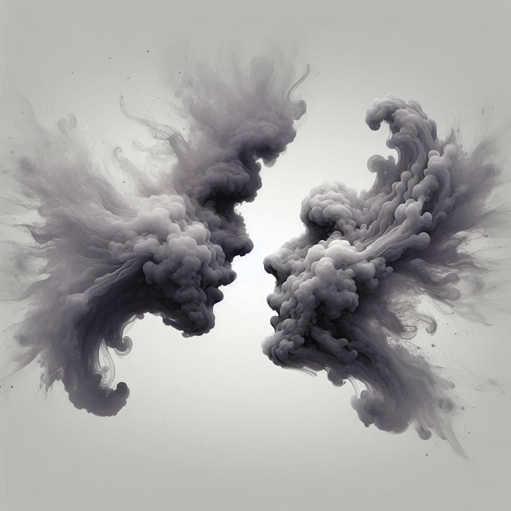 "בחלל מופשט של גווני אפור משתנים, מתנוססים שני ענני עשן מתפתלים במיומנות. העשן מתגבש, רגע לפני שהוא מתפזר, לצורות אנושיו...