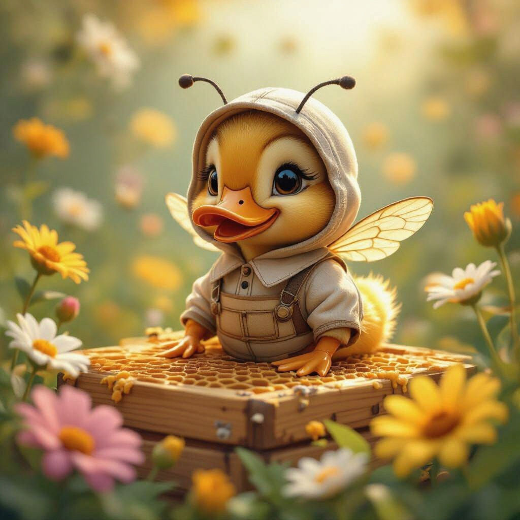 cute duck bee on bee hive
