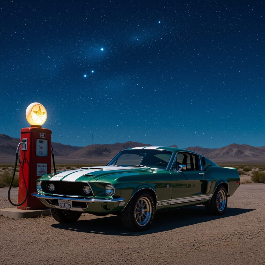 A classic 1967 Shelby GT500 Mustang, gleaming under a starry night sky at a remote desert outpost. The ...  by @Sandy M