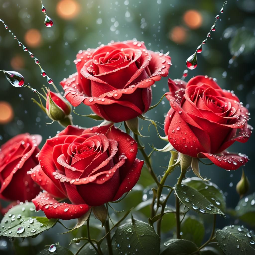 a bouquet of red roses, drops on the petals,and on the leave...