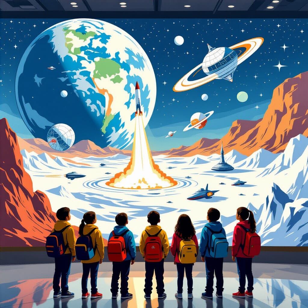 A group of 5th-grade students on a school excursion inside a...