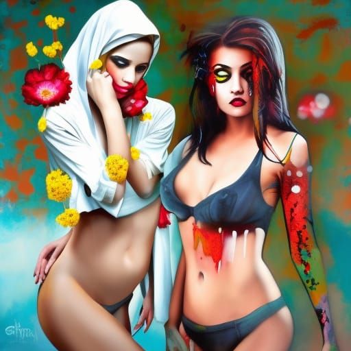 Attractive young vampire in flowers. Black backround. Yellow...
