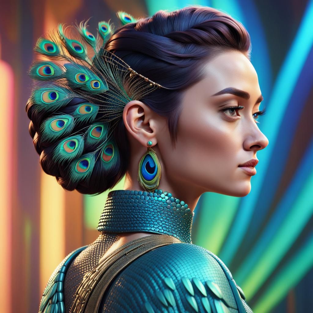 Hyperrealistic closeup profile pic of a peacock empress