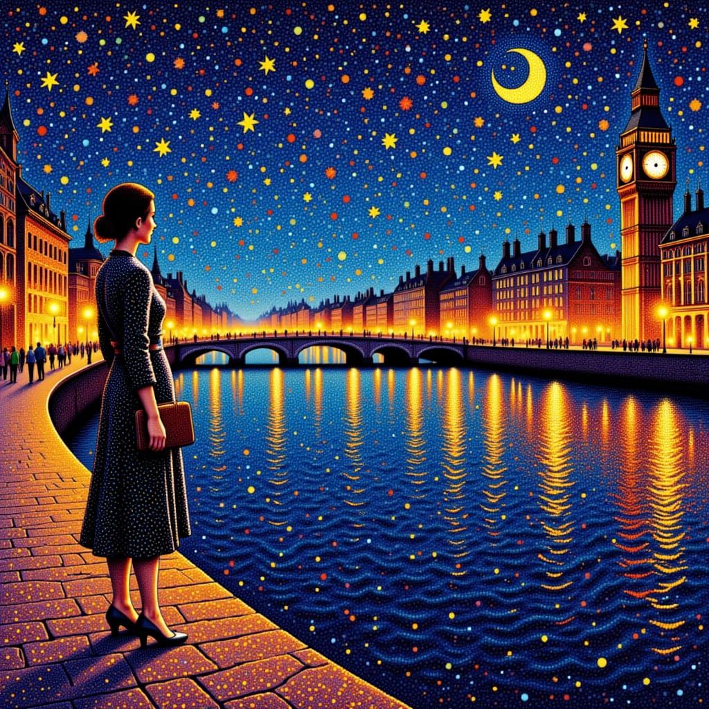 <lora:Pointillism 1-01:1.0> Pointillism painting of river Thames in London at night