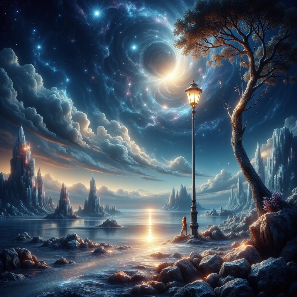 Cosmic Mystery: Ethereal Streetlamp Over Stardust Ocean