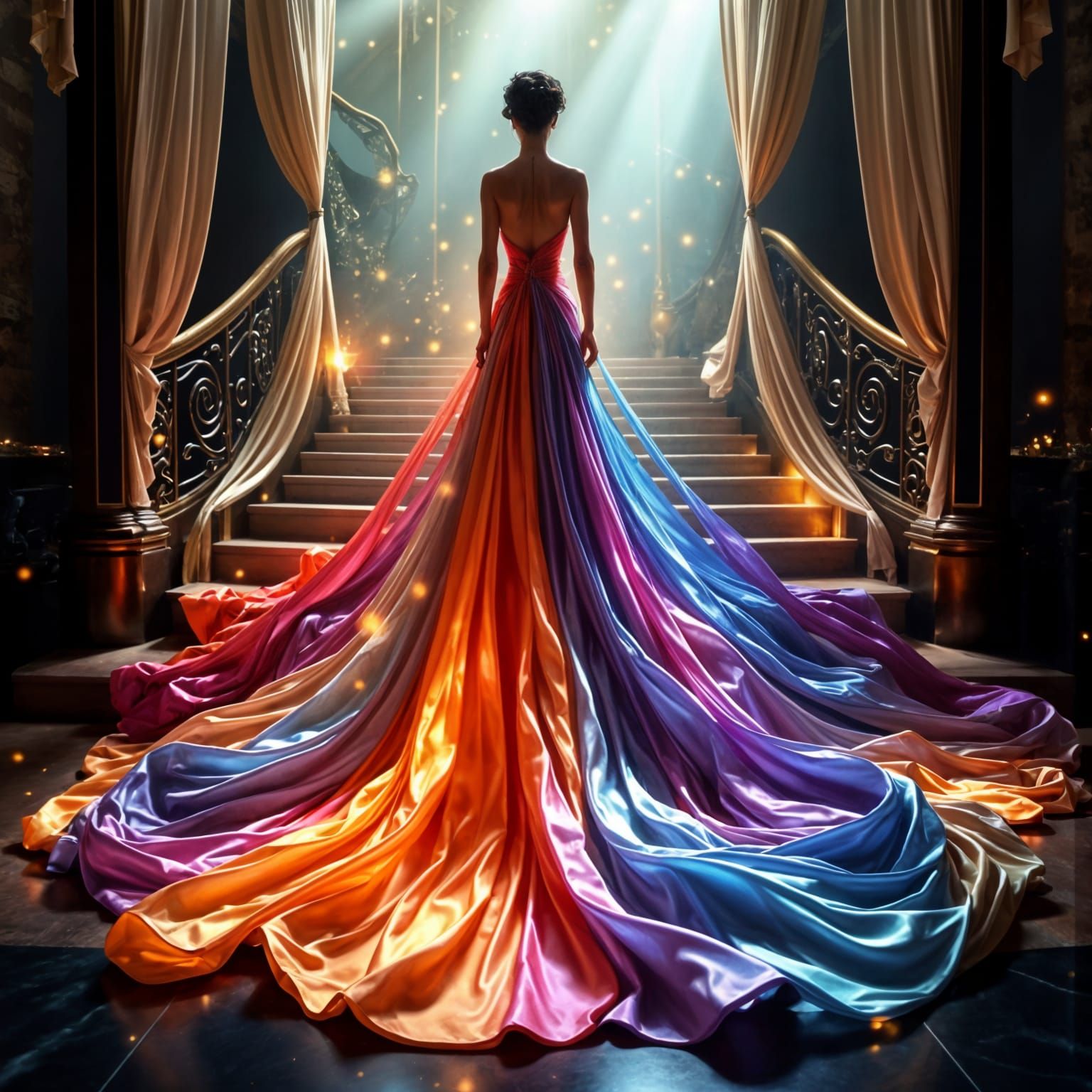 Rainbow Silk Gown Model on Staircase with Roses