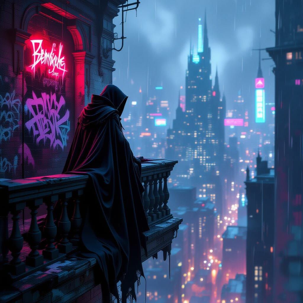 A lone beautiful vampire, cloaked and brooding, stands on a crumbling balcony overlooking a rain-swept, neon-drenched cityscape. Graffiti co...