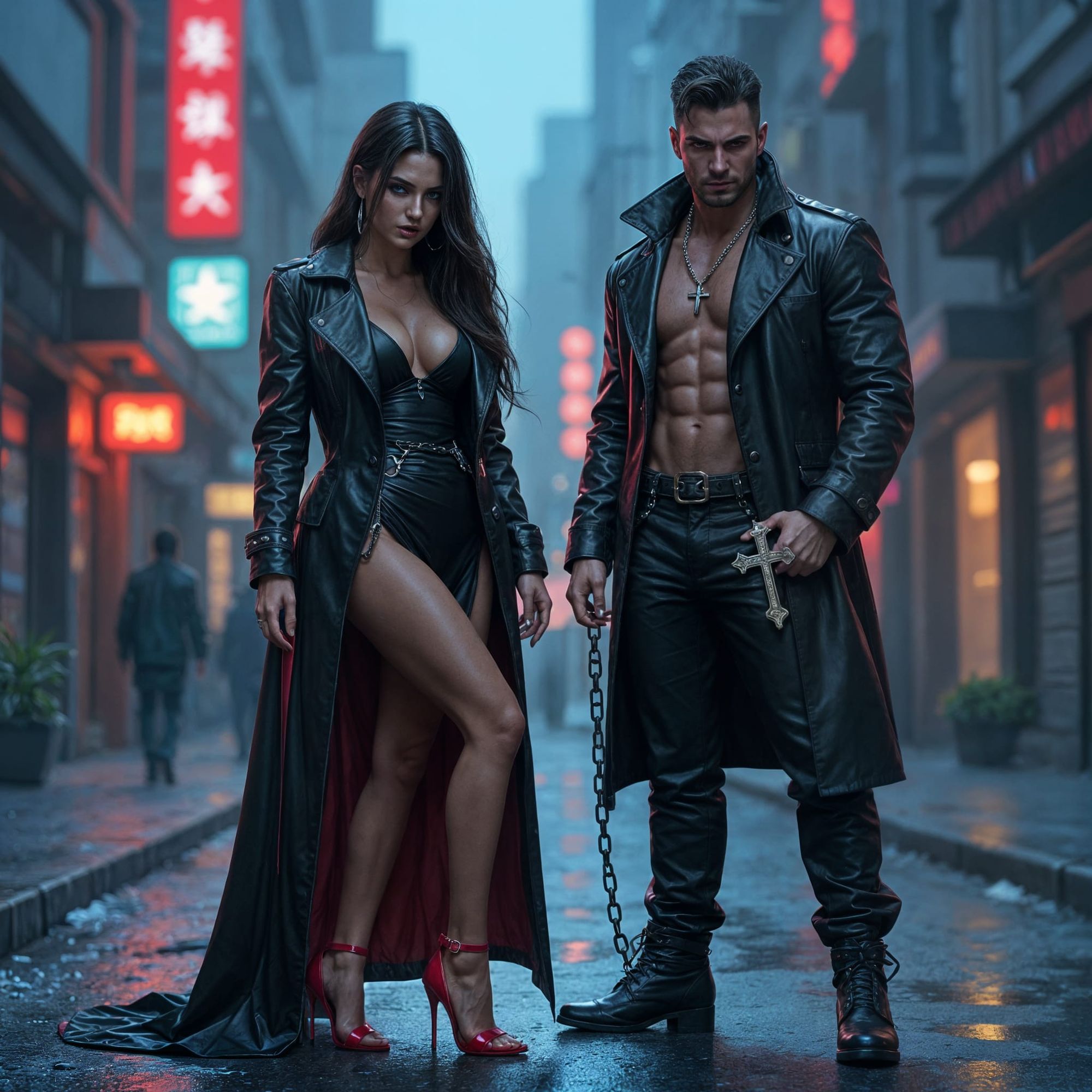  a hyper-realistic cyberpunk concept art style with deep shadows and vibrant neon highlights. A beautiful modern woman vampire, stunning bea...