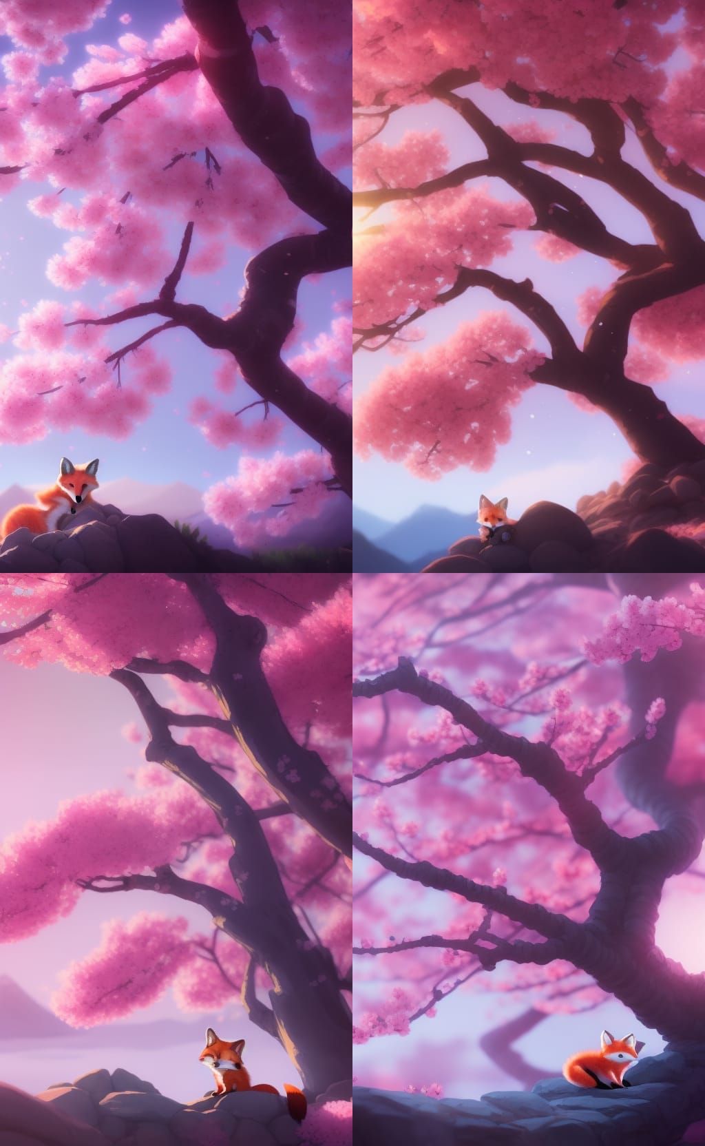 Cute baby Red Fox resting on a mountain top under a huge sakura tree