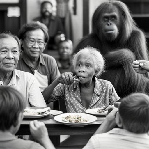 1980's family gathering to eat with an orangutang