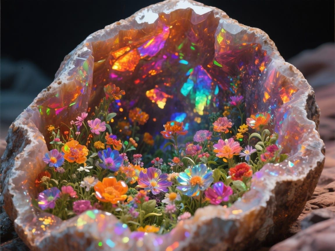 A view into a large, open geode of colourful fire opal, which gives the illusion of a crystal garden.